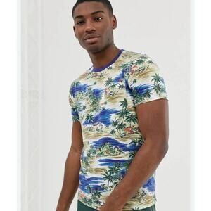J.Crew T-Shirt Mens Medium Slim Washed Short Sleeve Hawaiian All Over Beach